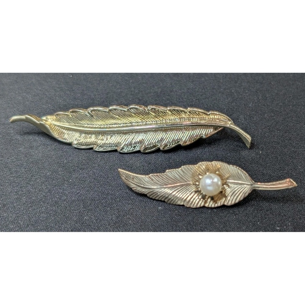 Vintage Gold Tone Feather Brooch Set‎ – One with Faux Pearl – Elegant Pin Lot